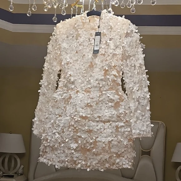 BCBGMaxAzria Ivory Lace Long Sleeve Dress 3D Flowers - Picture 3 of 16